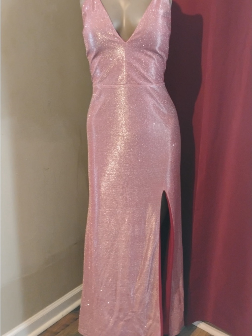 Sparkle V-Neck Pink Evening Gown